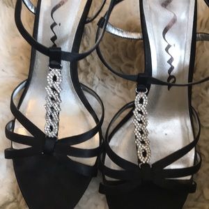 Nina Black Satin Evening Shoe Sandal Prom 7.5